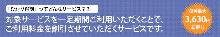 ひかり得割は、一定期間ご利用いただくことで、ご利用料金を割引させていただくサービスです。毎月最大3,300円お得!