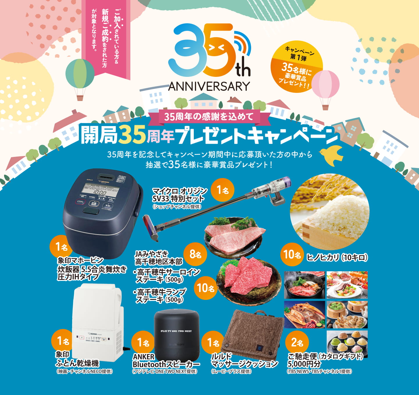 35周年の感謝を込めて 開局35周年プレゼントキャンペーン 35周年を記念してキャンペーン期間中に応募頂いた方の中から 抽選で35名様に豪華賞品プレゼント！