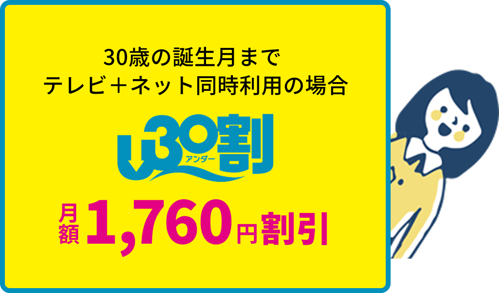 30歳の誕生月までテレビ＋ネット同時利用の場合 月額1,760円割引 U30割
