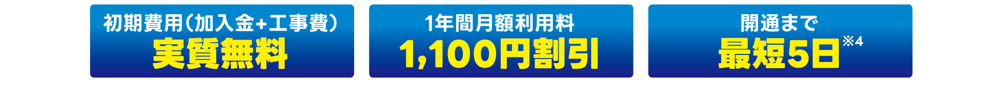 ・初期費用（加入金+工事費）実質無料　・1年間月額利用料1,100円割引　・開通まで最短5日