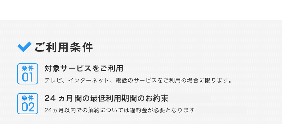 
					ご利用条件
					条件01:対象サービスをご利用 テレビ、インターネット、電話のサービスをご利用の場合に限ります。
					条件02:24ヵ月年間の定期利用（自動更新）のお約束 24ヵ月以内での解約については違約金が必要となります（更新月は除く）。
				